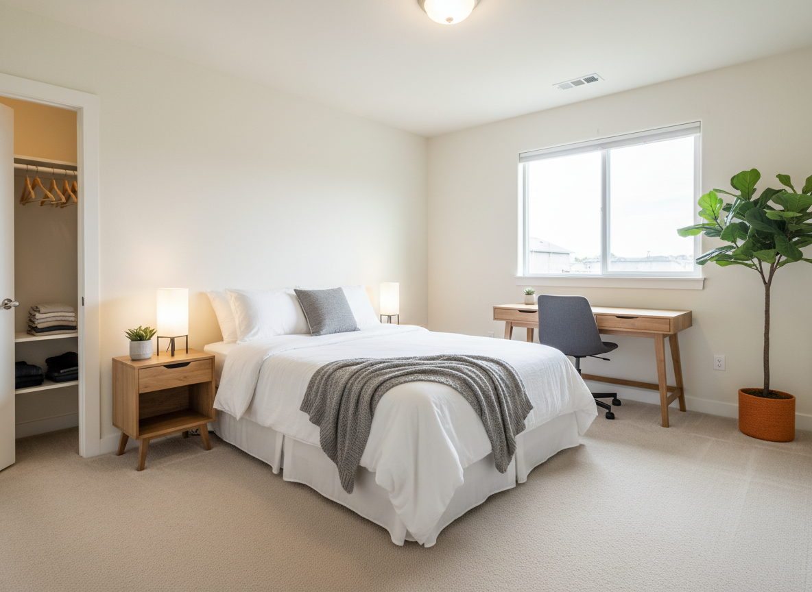 A spotless, private bedroom in a shared home, designed for an independent adult, captured in photographic realism. A neatly made full-size bed with a clean white duvet and a soft gray throw sits against a light-colored wall, beside a simple wooden nightstand with a small lamp and a single green plant. A sturdy desk and ergonomic chair are positioned near a window with soft daylight streaming in, creating gentle highlights on the smooth surfaces. The carpet is freshly vacuumed, and a closet door stands slightly ajar, revealing organized storage. The atmosphere is quiet, dignified, and reassuring, with a balanced, eye-level composition that shows the entire room as a peaceful, private retreat, free of personal clutter, people, or text.