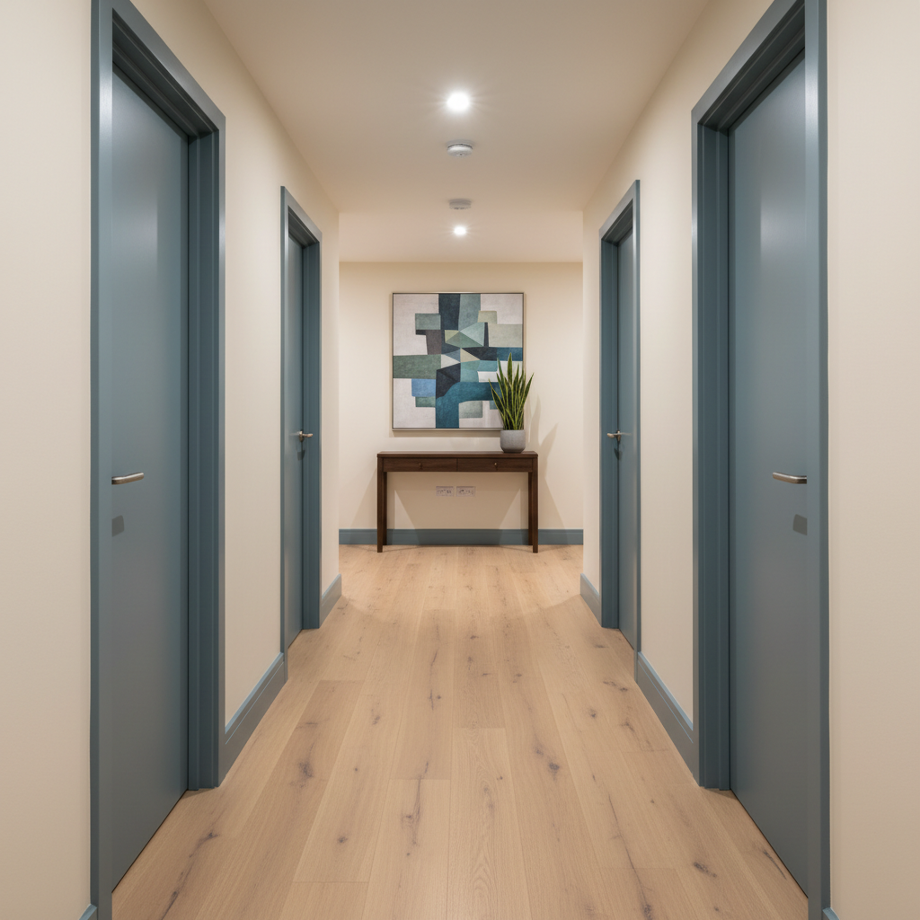A tidy hallway in a shared housing property, emphasizing order, privacy, and stability, rendered in photographic realism. Several identical, freshly painted bedroom doors line the corridor, each with simple, modern hardware and no visible names or labels, suggesting equal respect for every resident. The walls are a soft, neutral color, and the floor is covered with durable, clean plank flooring that subtly reflects the overhead recessed lighting. At the end of the hallway, a framed abstract artwork and a small plant on a console table add warmth without clutter. The lighting is bright yet soft, creating minimal shadows and a calm, secure atmosphere. Shot with a straight-on perspective, the composition communicates structure, safety, and professionalism, with no people or text visible.