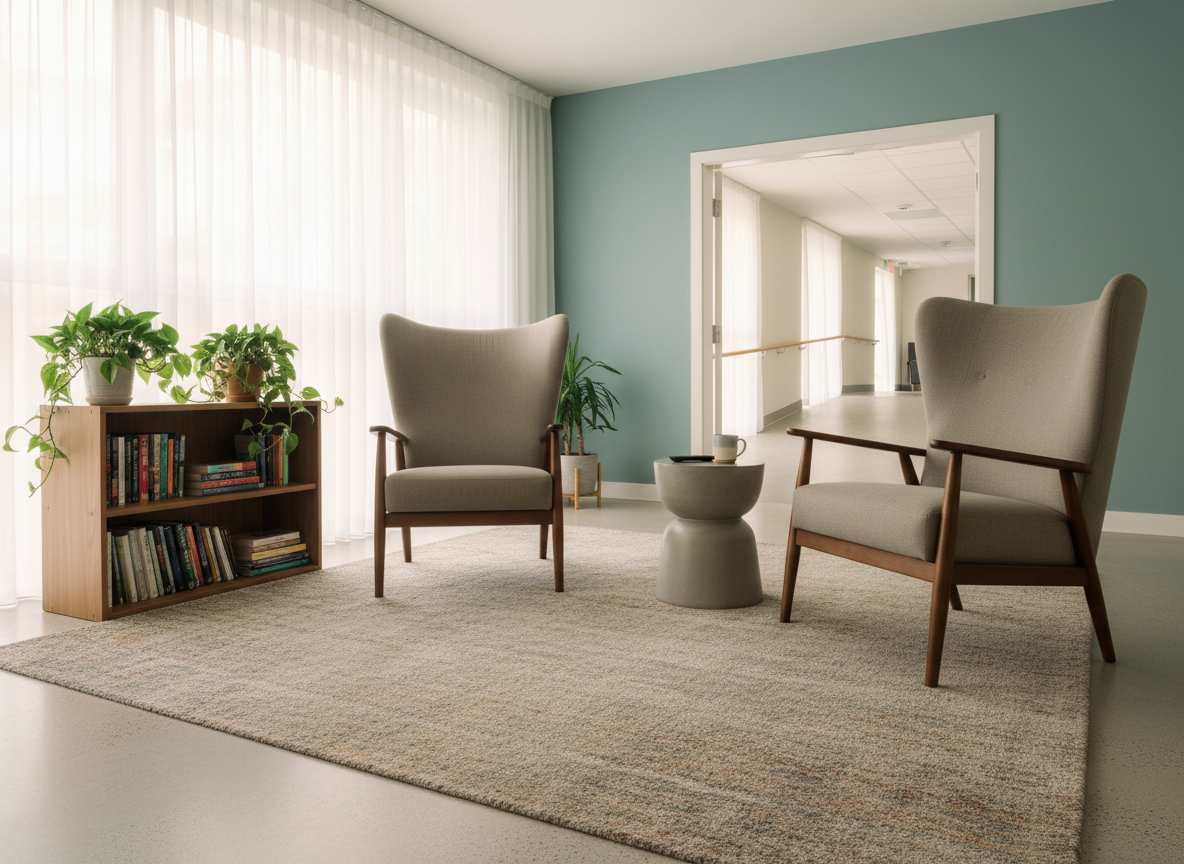 A thoughtfully arranged common area designed with accessibility and comfort in mind for diverse adult residents, photographed in clean, modern realism. A pair of plush armchairs with high backs and sturdy armrests sit near a low bookshelf and a small side table, suggesting suitability for seniors and residents who value stable support. A large, soft rug anchors the seating area on smooth flooring, with a subtle ramp visible near a wide doorway in the background. Soft, diffused daylight filters through sheer curtains, creating a warm, relaxed tone. Captured at eye level with a balanced composition, the scene emphasizes dignity, safety, and respect for all residents, including veterans and individuals reentering the community, while remaining free of human figures or text.