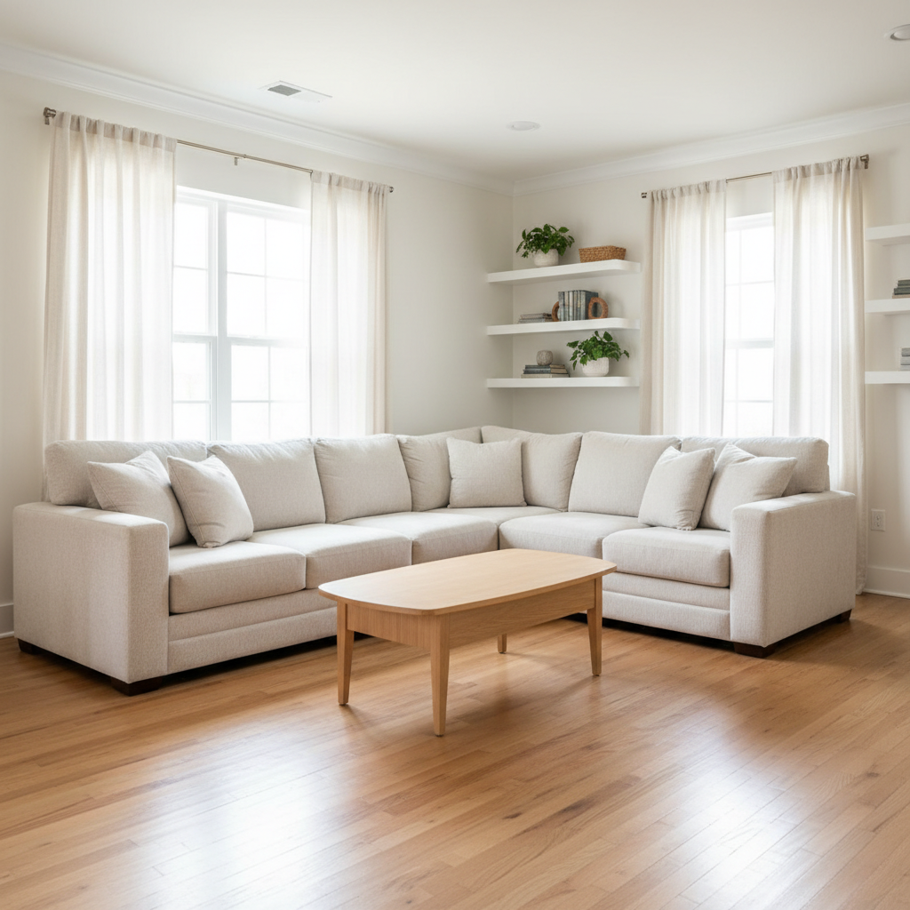 A bright, impeccably clean shared living room in a Jacksonville single-family home, photographed in realistic detail. A large, neutral-toned sectional sofa with soft, textured fabric faces a simple wooden coffee table with rounded corners. Built-in shelving holds a few neatly arranged books and plants, with zero clutter. Sunlight pours in through wide windows framed by light curtains, casting gentle, natural shadows across freshly mopped hardwood floors. The mood is calm, organized, and welcoming, suggesting stability and respect. Shot at eye level with a wide lens, keeping the entire room in sharp focus. The overall aesthetic is modern yet homey, emphasizing comfort, safety, and professionalism without showing any people or text.