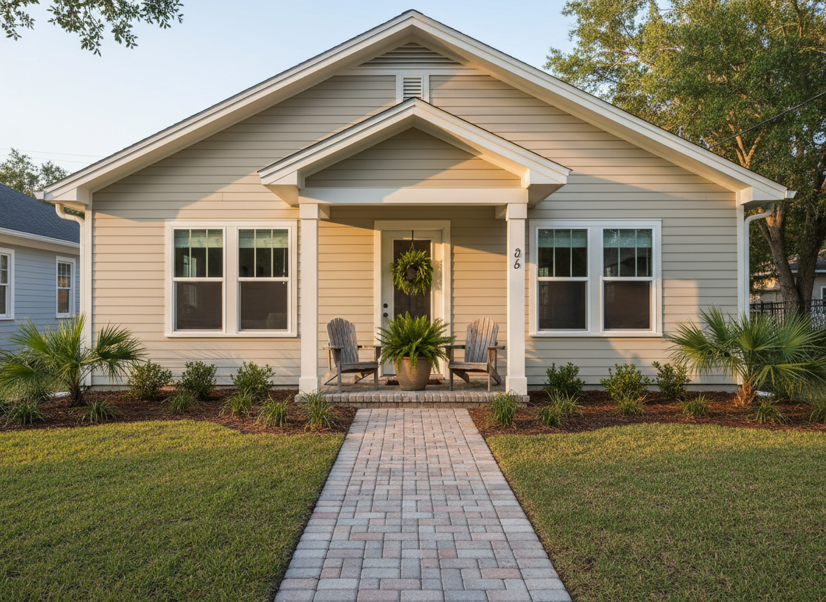An exterior street-level view of a well-maintained single-family home in Jacksonville converted into shared housing, shown in realistic photographic style. The house features a fresh, light-colored facade, a tidy front yard with trimmed grass and a few native plants, and a clear, welcoming path leading to the front door. A small, covered porch holds two simple outdoor chairs and a potted plant, symbolizing a stable, community-oriented environment. Late afternoon sunlight casts warm, gentle shadows across the siding and walkway, enhancing the sense of safety and permanence. Shot from a slightly low, front-facing angle, the image feels grounded and trustworthy, portraying the property as a respectful, dignified place to live, with no people, signage, or text in view.