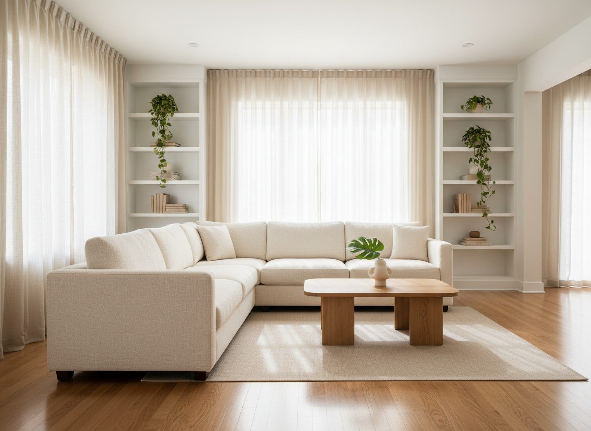 A bright, impeccably clean shared living room in a Jacksonville single-family home, photographed in realistic detail. A large, neutral-toned sectional sofa with soft, textured fabric faces a simple wooden coffee table with rounded corners. Built-in shelving holds a few neatly arranged books and plants, with zero clutter. Sunlight pours in through wide windows framed by light curtains, casting gentle, natural shadows across freshly mopped hardwood floors. The mood is calm, organized, and welcoming, suggesting stability and respect. Shot at eye level with a wide lens, keeping the entire room in sharp focus. The overall aesthetic is modern yet homey, emphasizing comfort, safety, and professionalism without showing any people or text.