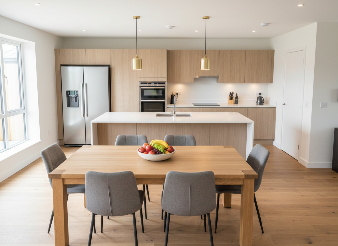 A shared dining and kitchen area in a HUBB Homes-style property, emphasizing cleanliness and order. A solid rectangular dining table with four comfortable, padded chairs sits in the foreground, its surface clear except for a simple bowl of fresh fruit. Behind it, a modern kitchen with stainless steel appliances, spotless countertops, and neatly arranged cabinets glows under warm, overhead pendant lights. Natural light from a nearby window adds soft fill, creating a gentle, inviting atmosphere. Photographed from a slightly elevated angle with sharp focus throughout, the composition subtly suggests multiple independent adults could share this space comfortably, including veterans, seniors, and individuals reentering the community, while avoiding any stigmatizing elements or visible people.