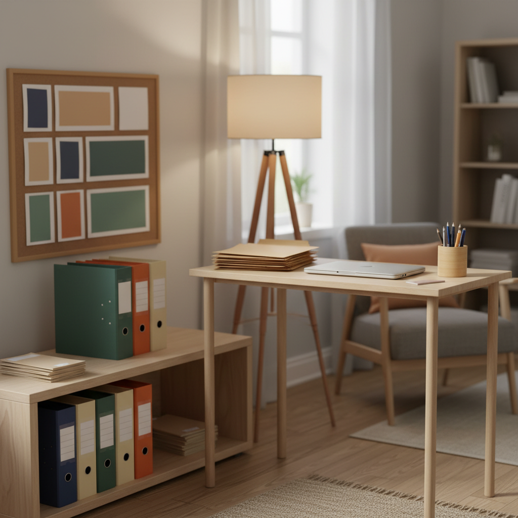 A dedicated resource corner in a shared living room, designed to hint at community partnerships without using text or logos, captured in realistic photographic style. A compact wooden desk holds an organized stack of blank folders, a closed laptop, and a small caddy of pens, while a nearby low shelf contains color-coded binders and a few neutral, text-free brochures. Above, a simple pinboard displays abstract color blocks instead of readable documents. Natural window light combines with a warm floor lamp, creating a balanced, inviting glow that suggests support and guidance. Shot from a three-quarter angle with moderate depth of field, the focus remains on the orderly setup, subtly representing connections to veteran services, senior support, reentry programs, and community referrals without depicting any people or specific organizations.